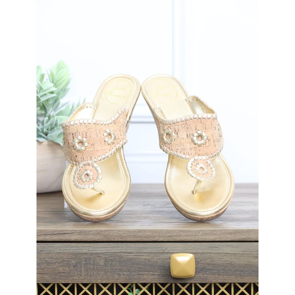 Jack Rogers Cork High Wedge Sandals Gold Whipstitch Medallion Resort Size 7.5